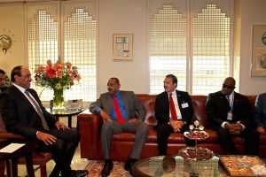 PM Browne in discussions with Sheikh Sabah Al-Khaled Al-Hamad Al-Sabah. Foreign Minister Fernandez and Ambassador Aubrey Webson comprised the Antigua and Barbuda team